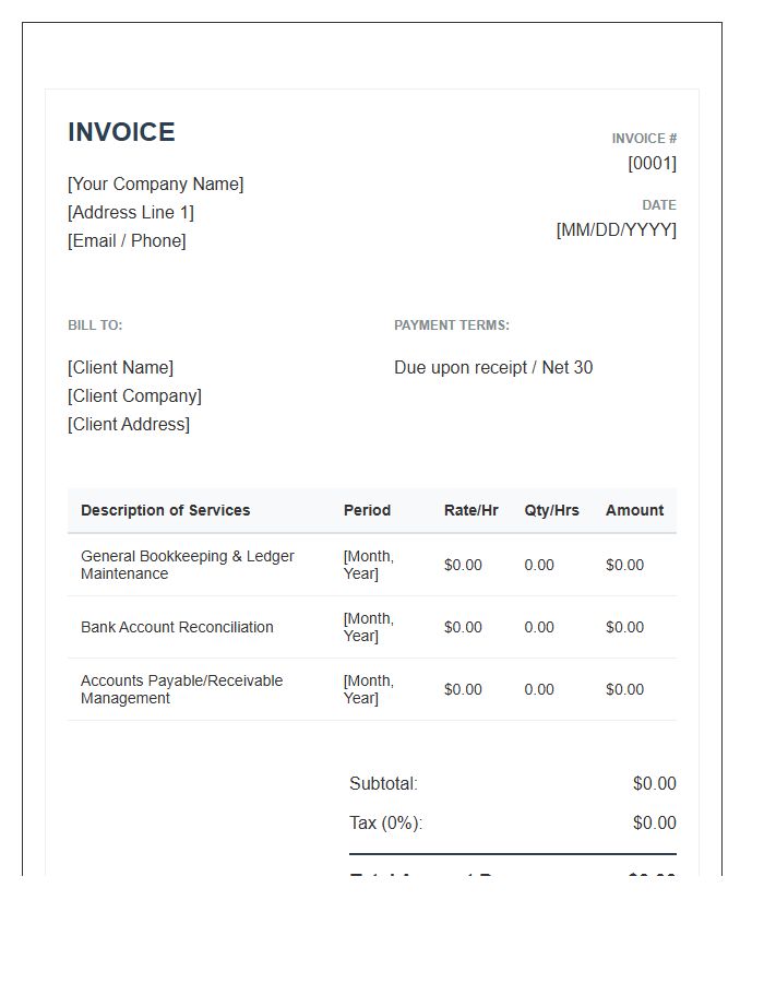 Professional Bookkeeping Services Invoice Template