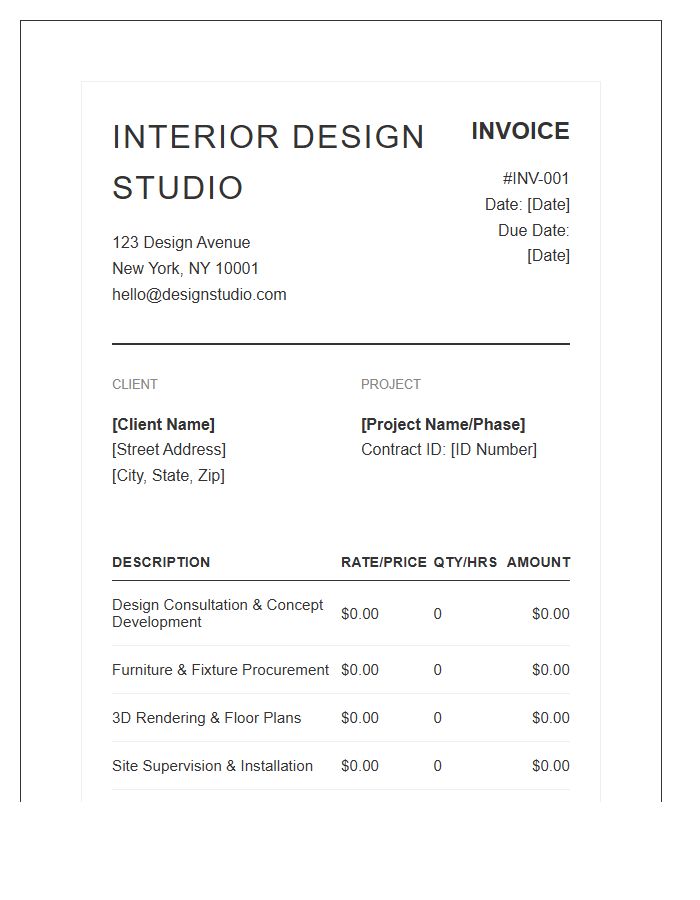 Professional Interior Designer Invoice Template