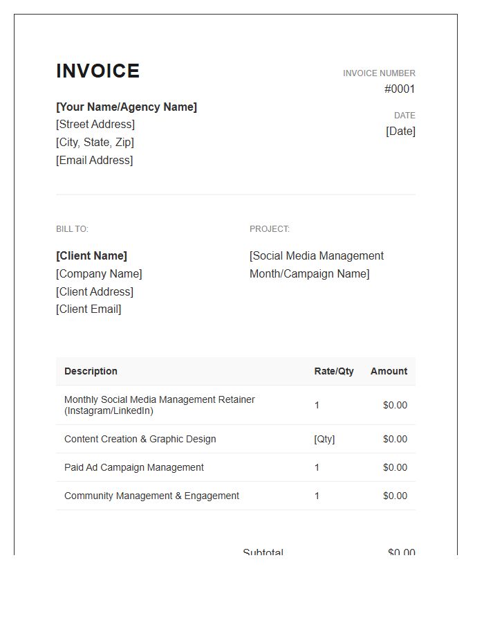 Professional Social Media Manager Invoice Template