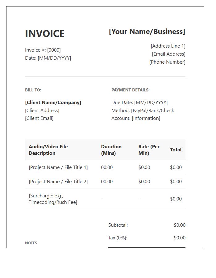 Professional Transcriptionist Invoice Template