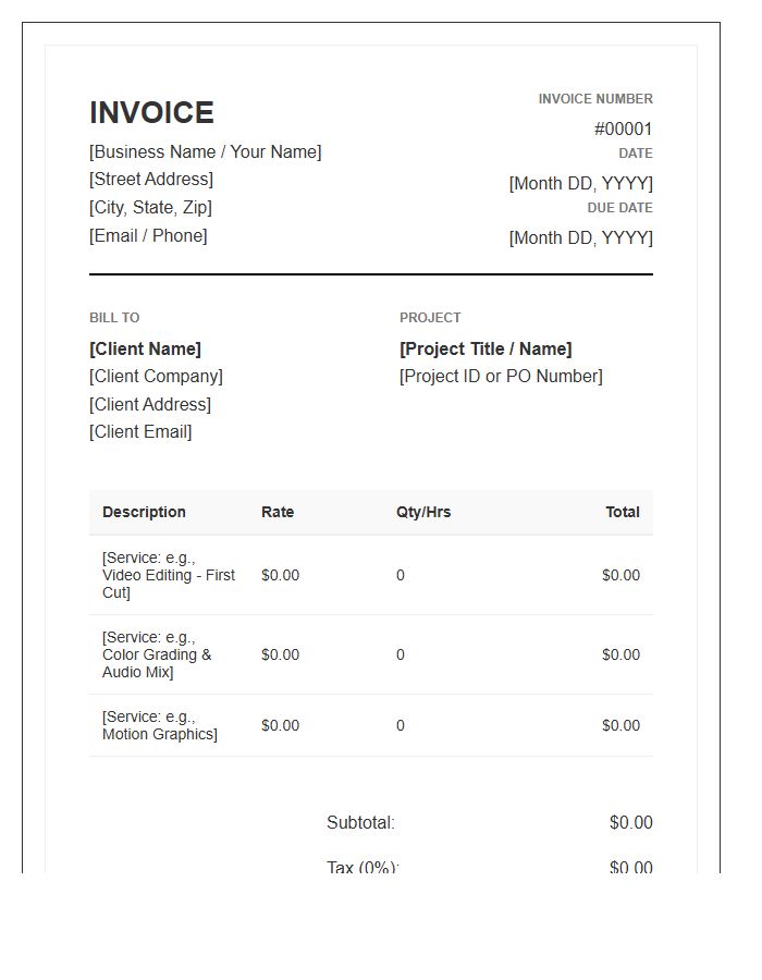 Professional Video Editor Invoice Template