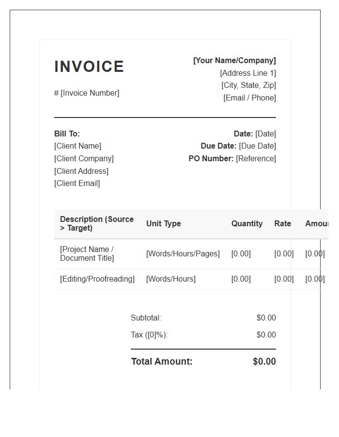 Translation Services Invoice Template Professional