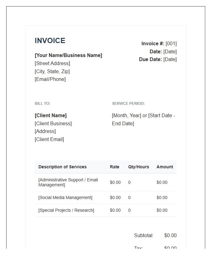 Virtual Assistant Services Invoice Template Professional