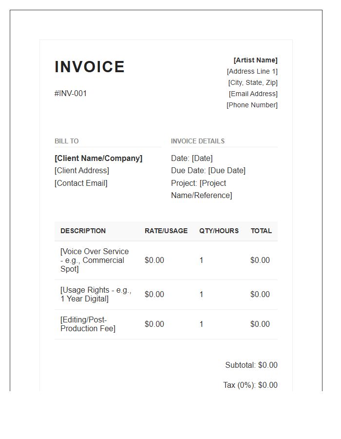Voice Over Artist Invoice Template Professional
