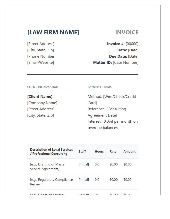 Comprehensive Legal Consulting Service Invoice Template
