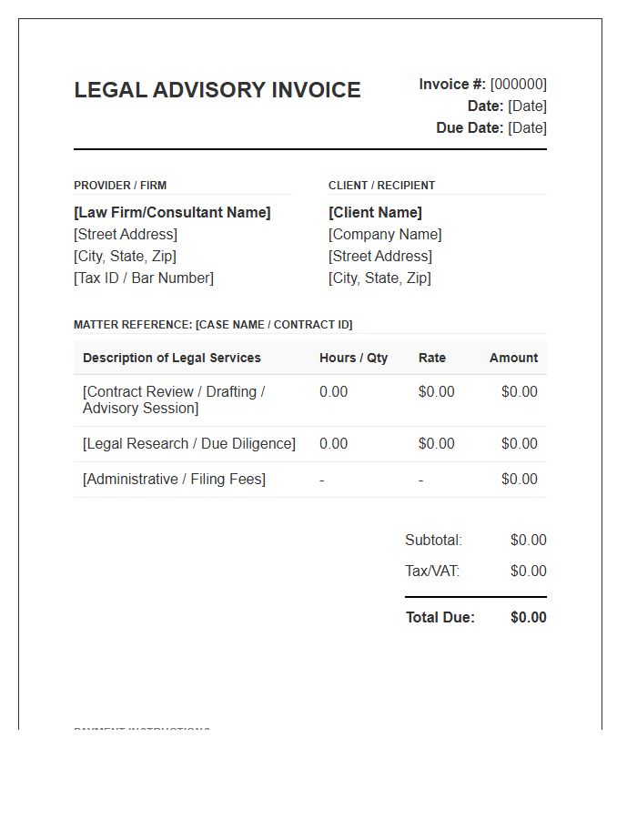 Contractual Legal Advisory Service Invoice Template