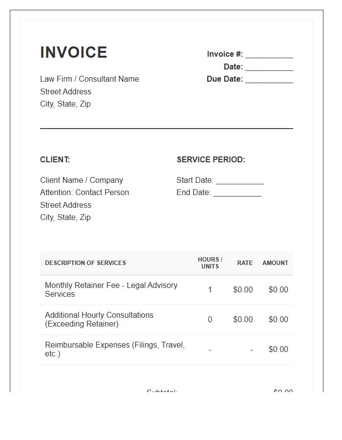 Monthly Retainer Legal Consulting Invoice Template
