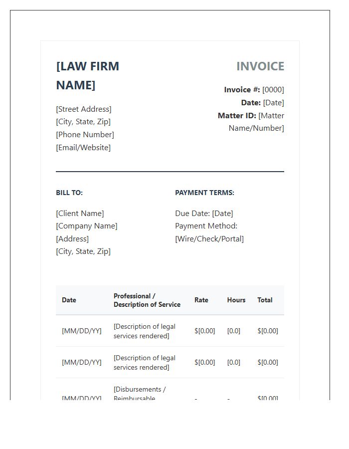 Professional Legal Advisory Billing Invoice Template