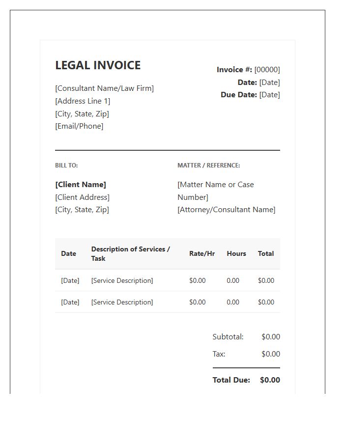 Standard Legal Consultant Service Invoice Template