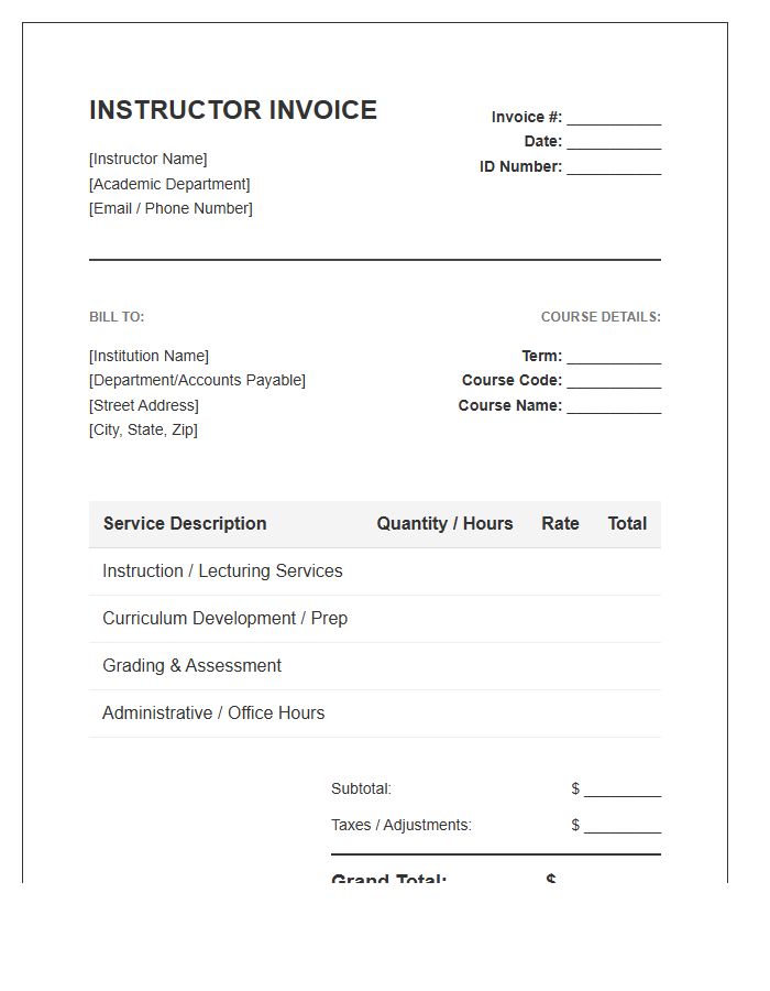 Academic Course Instructor Service Invoice Template