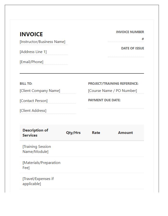 Corporate Training Instructor Fee Invoice Template