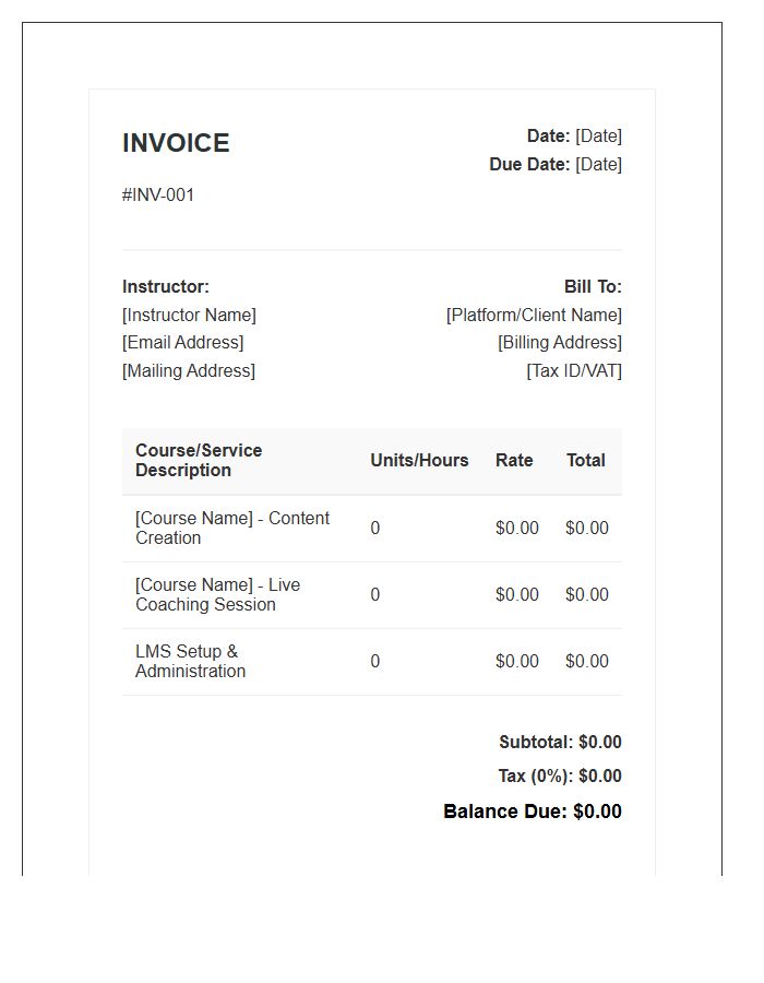 Digital Course Instructor Billing Invoice Template