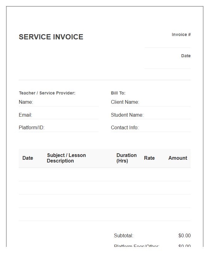 Distance Learning Teacher Service Invoice Template