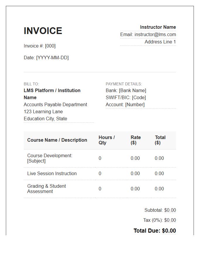 Learning Management System Instructor Invoice Template
