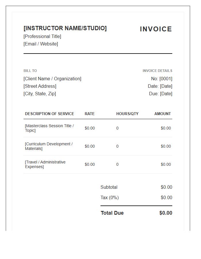 Masterclass Instructor Professional Invoice Template