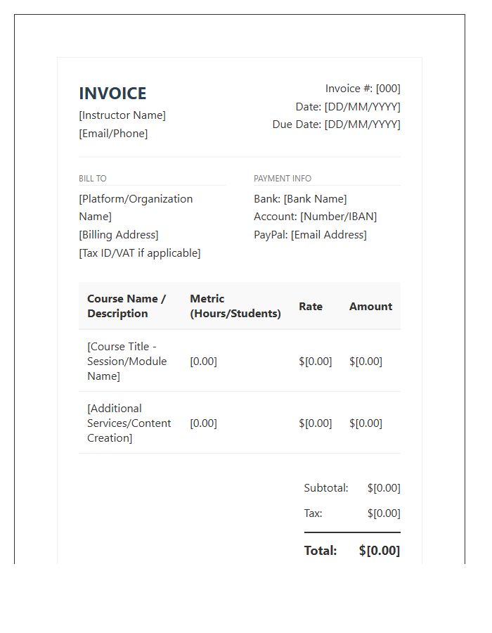 Online Course Instructor Fee Invoice Template