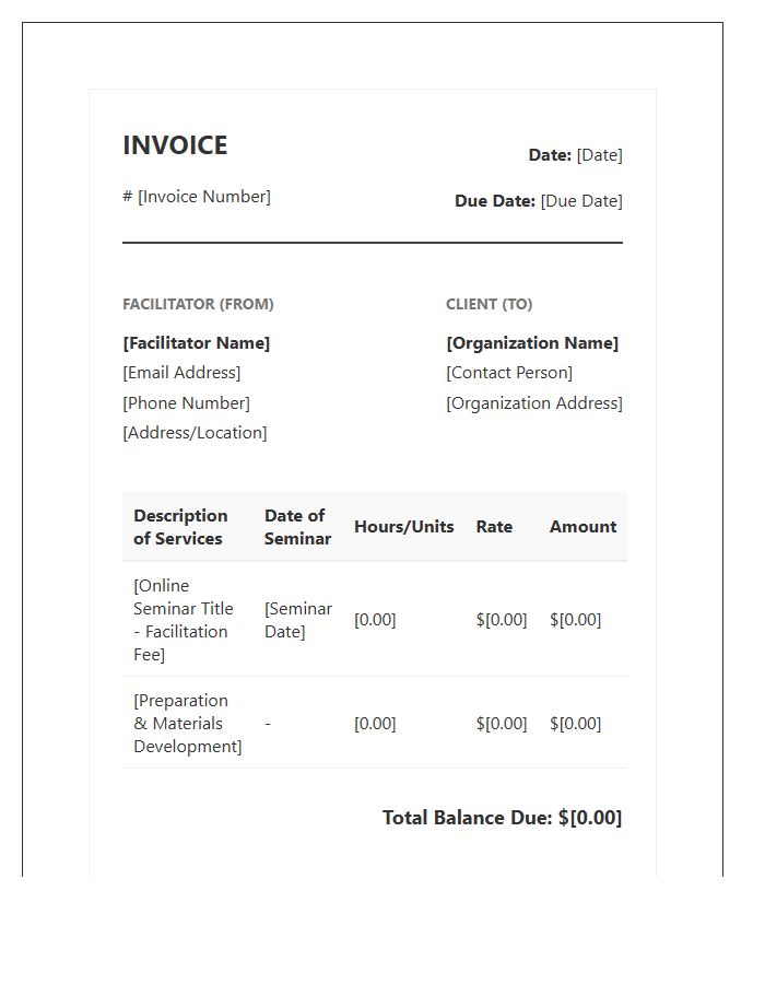 Online Seminar Facilitator Fee Invoice Template