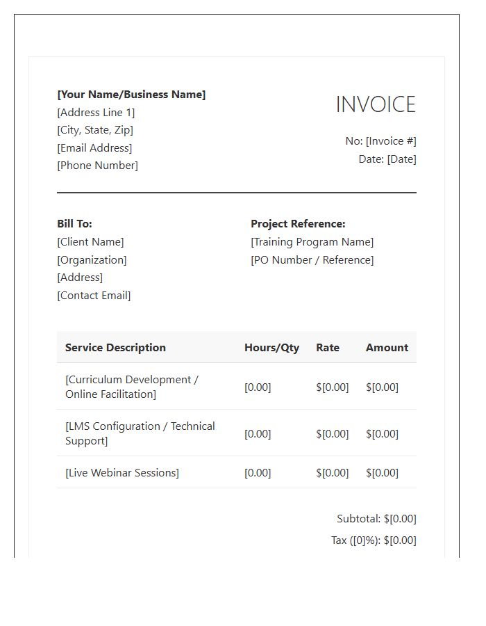 Online Training Specialist Fee Invoice Template
