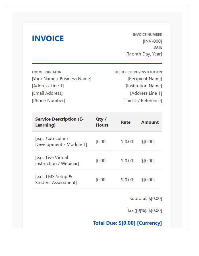 Professional E-Learning Educator Invoice Template