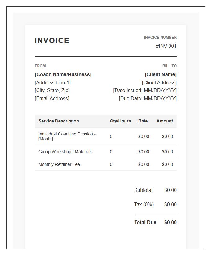Professional Online Coach Fee Invoice Template