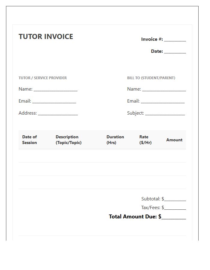 Remote Learning Tutor Fee Invoice Template