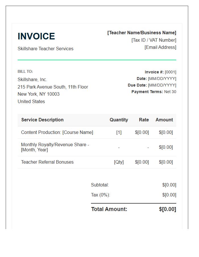 Skillshare Teacher Service Invoice Template