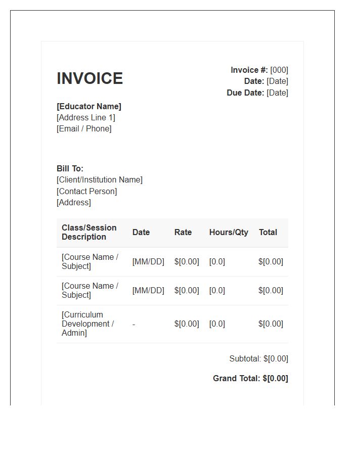 Virtual Classroom Educator Invoice Template