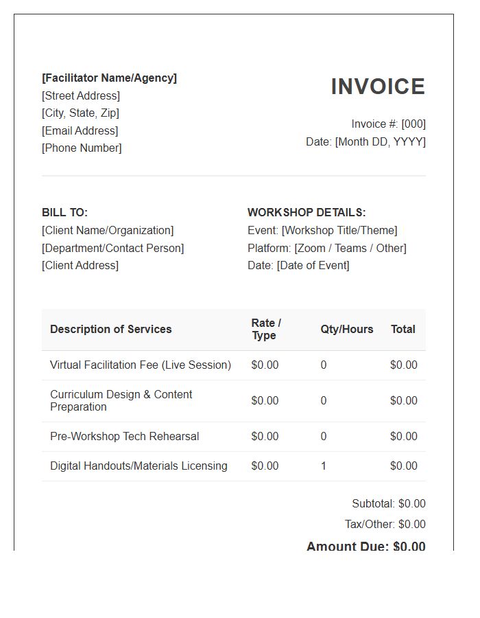 Virtual Workshop Facilitator Fee Invoice Template