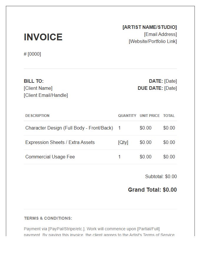Character Design Commission Invoice Template