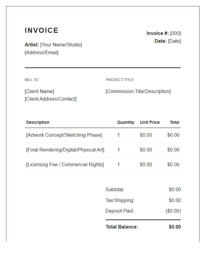 Commissioned Artwork Billing Invoice Template
