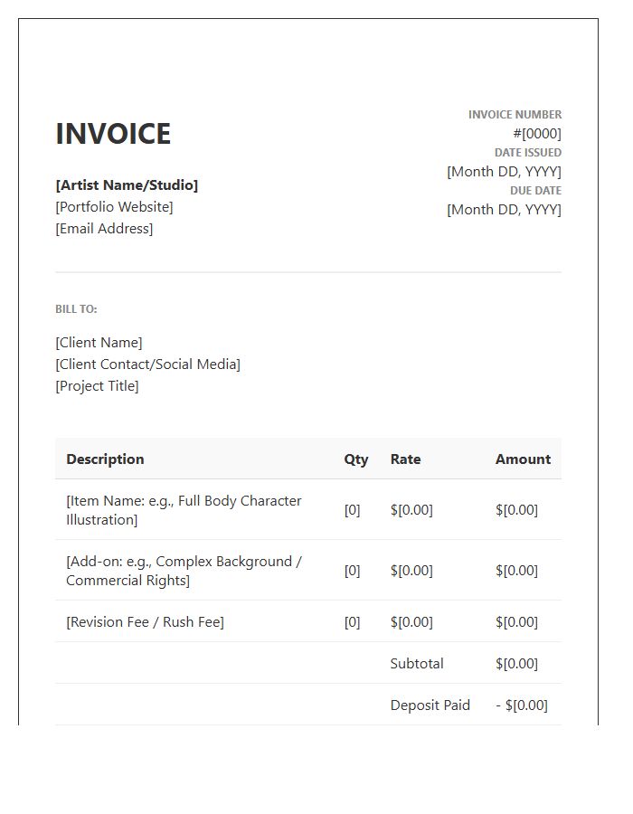 Digital Art Commission Billing Invoice Template