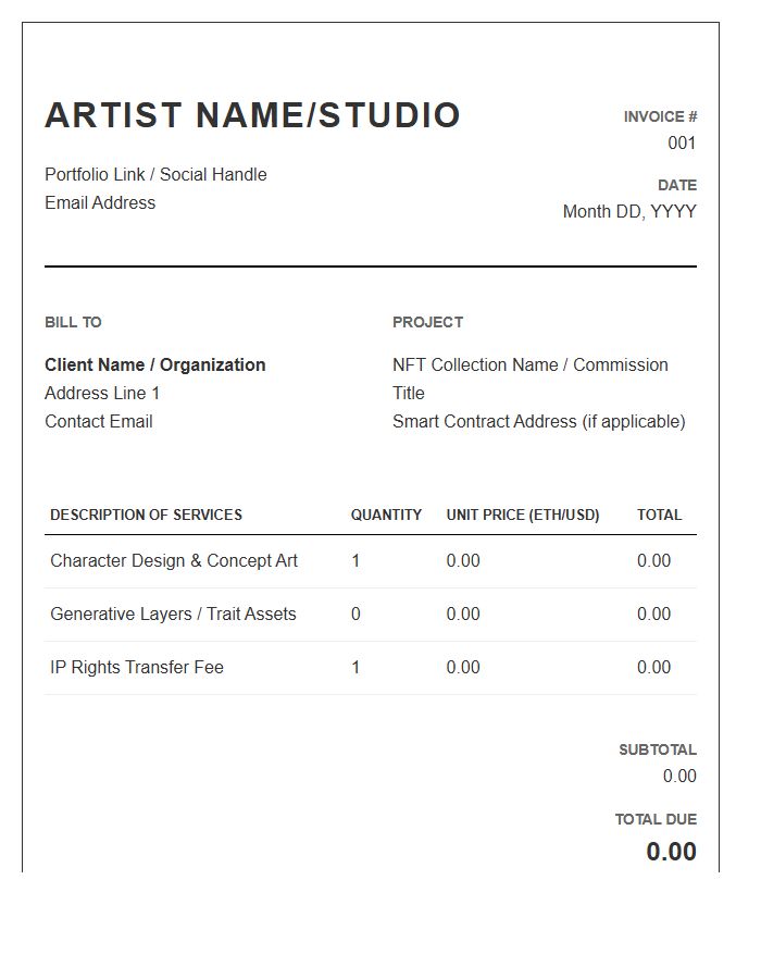 NFT Artist Service Invoice Template