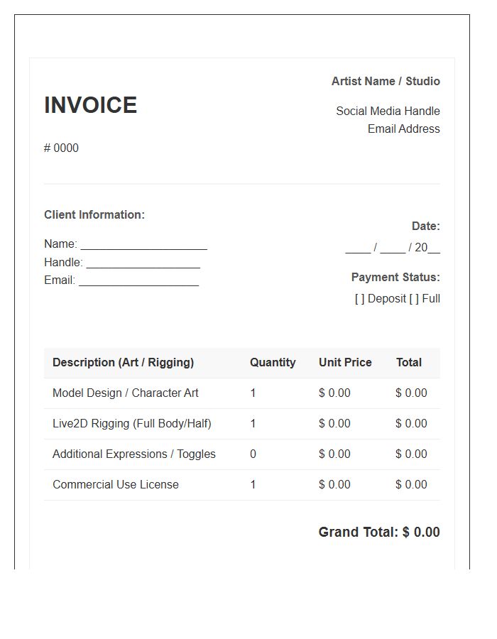 Vtubing Model Commission Invoice Template