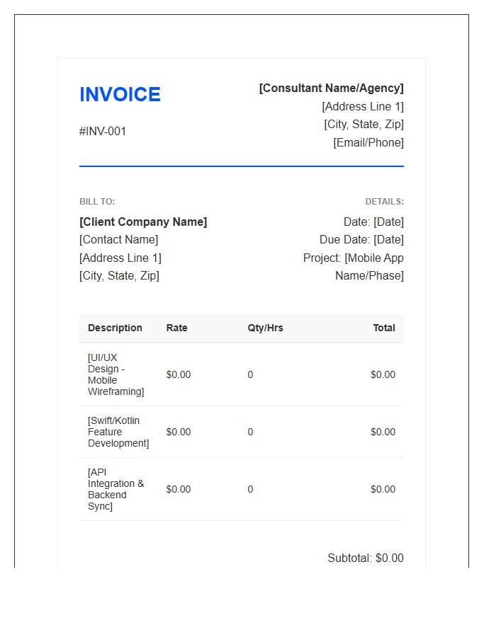 Professional Mobile Development Consultant Invoice Template