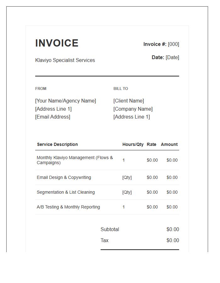Klaviyo Specialist Monthly Service Invoice Template