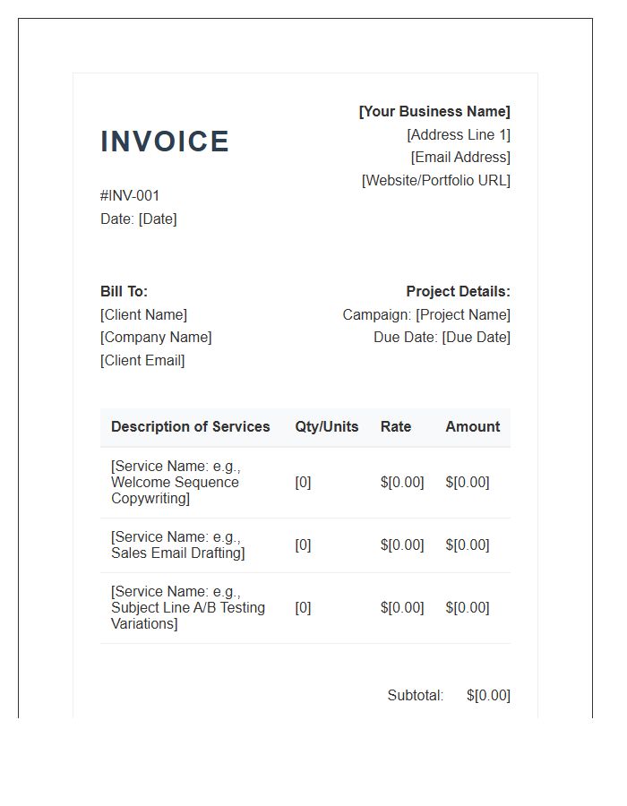Professional Email Copywriting Service Invoice Template