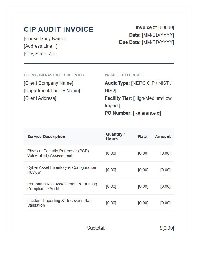 Critical Infrastructure Protection Audit Invoice Template