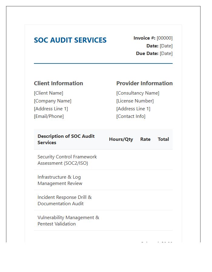 Security Operations Center Audit Invoice Template