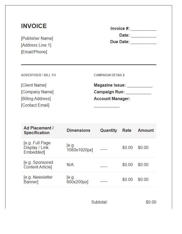 Digital Magazine Advertising Space Invoice Template