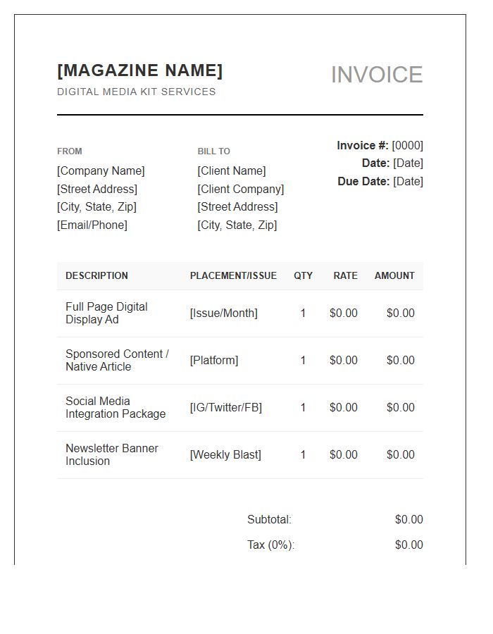 Digital Magazine Media Kit Invoice Template