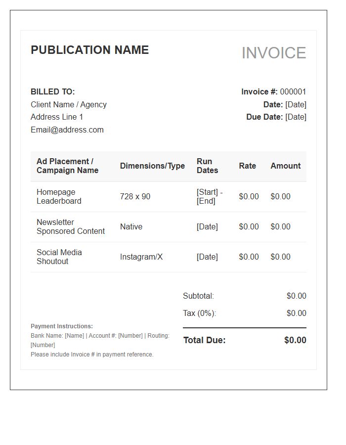 Digital Media Publication Ad Space Invoice Template
