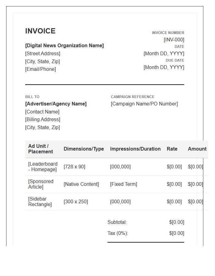 Digital News Site Ad Space Invoice Template