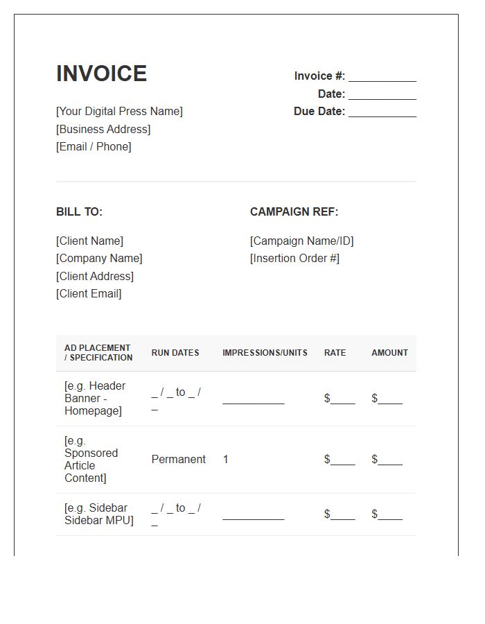 Digital Press Advertising Space Invoice Template