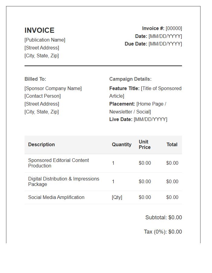 Digital Publication Sponsored Feature Invoice Template