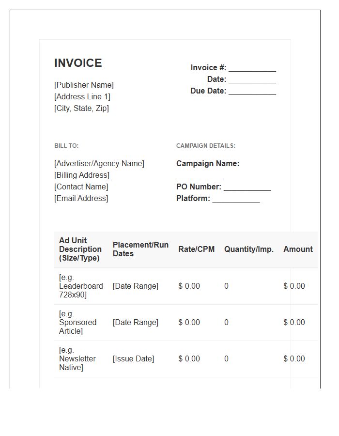 Electronic Publication Ad Unit Invoice Template