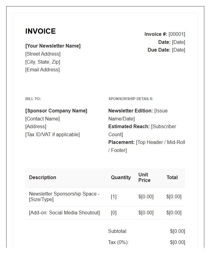 Newsletter Sponsorship Space Invoice Template