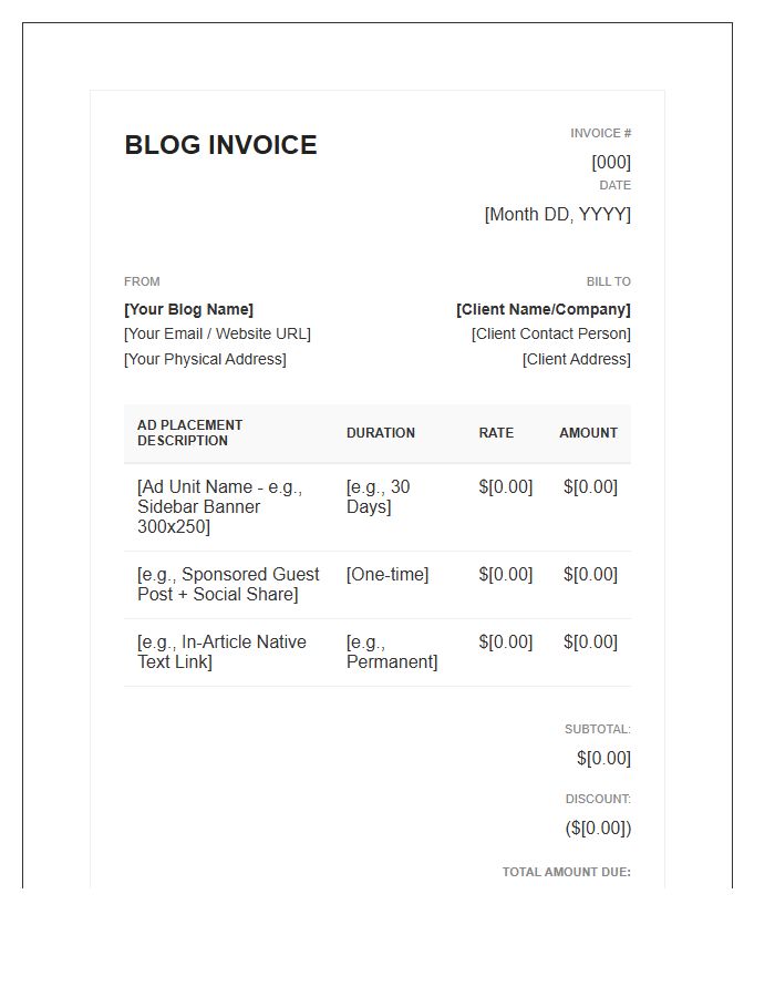 Niche Blog Ad Placement Invoice Template