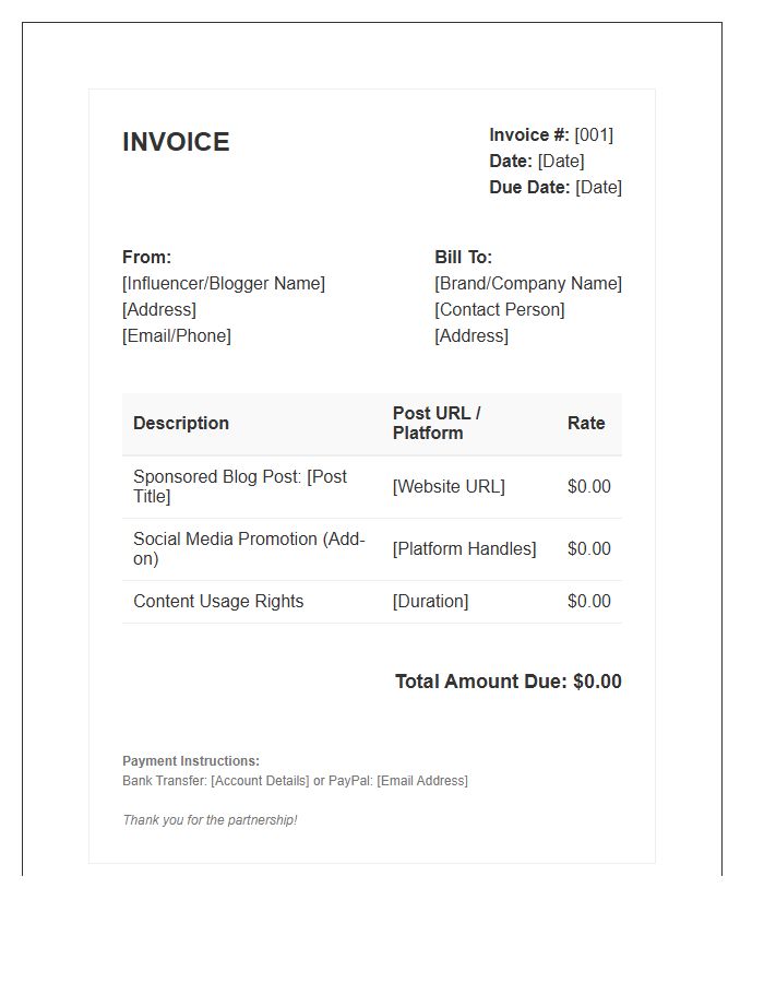 Sponsored Blog Post Invoice Template