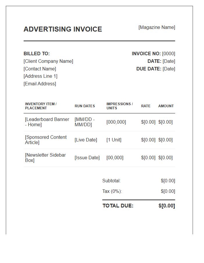 Web Magazine Advertising Inventory Invoice Template