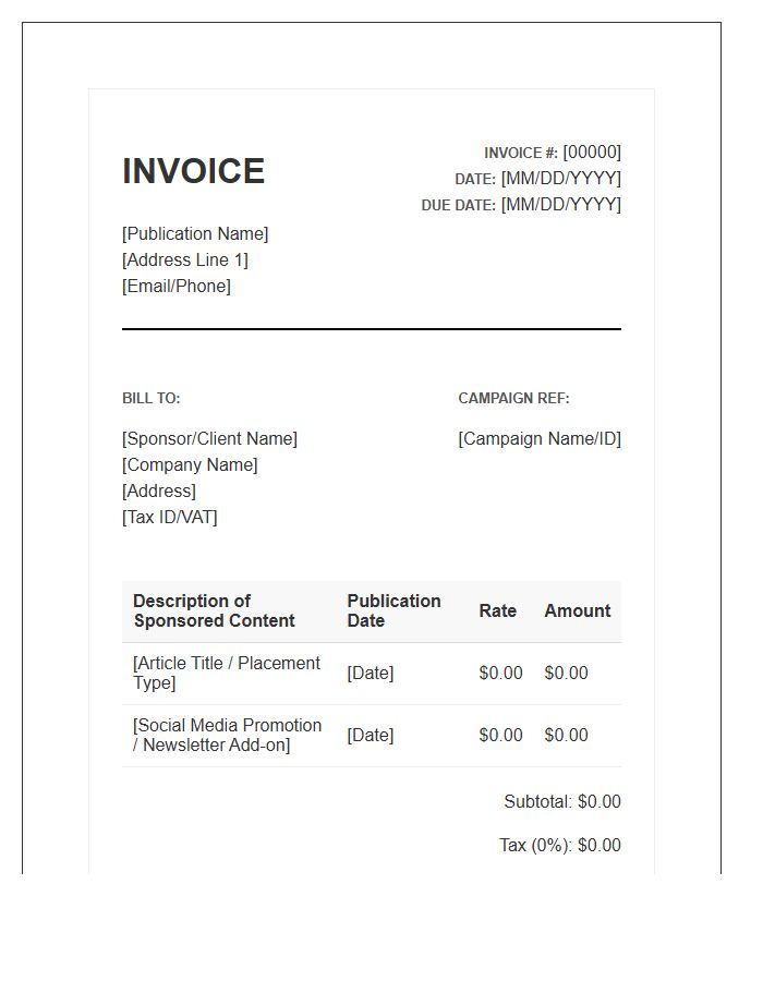 Web Publication Sponsored Content Invoice Template